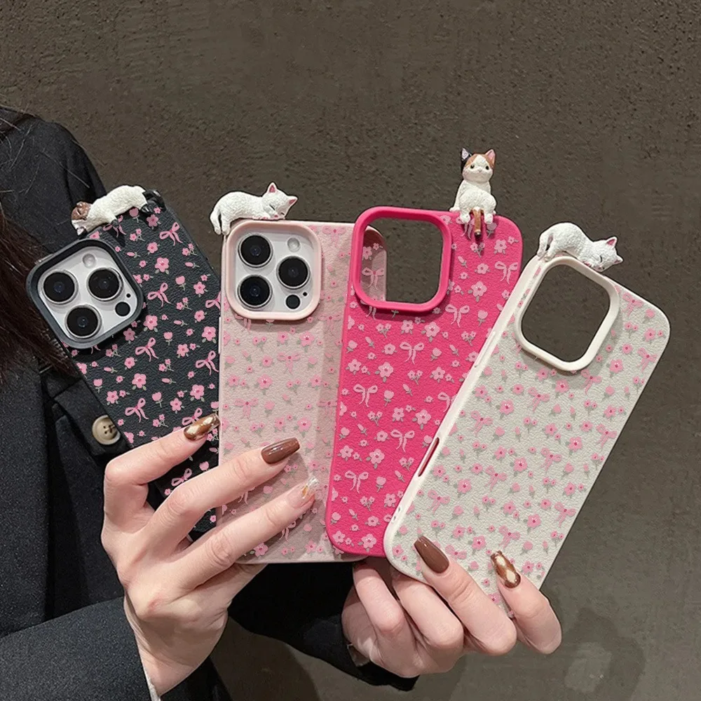 Leather X - Sevimli Fiyonk Çiçekli 3D Sevimli Kedi
